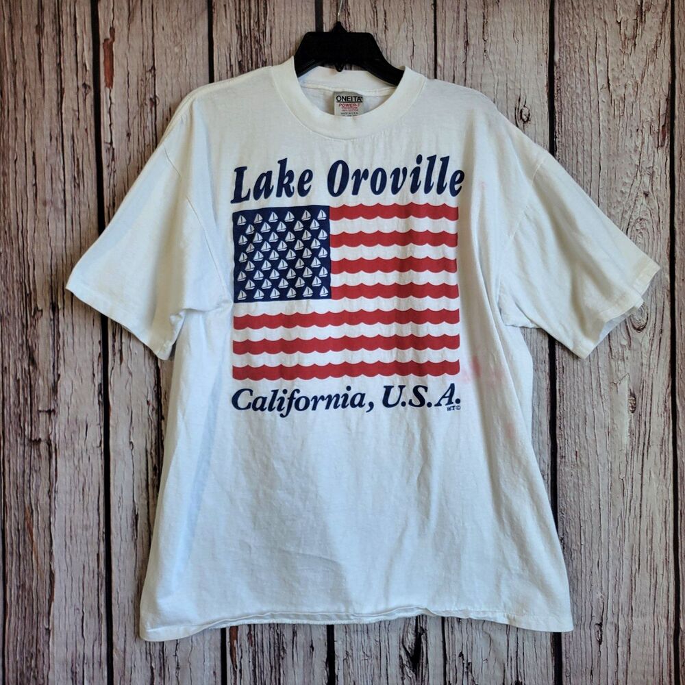 Oneita Single Stitch T-Shirt 90s Vintage Lake Oroville Cali XL Men Made USA Flag